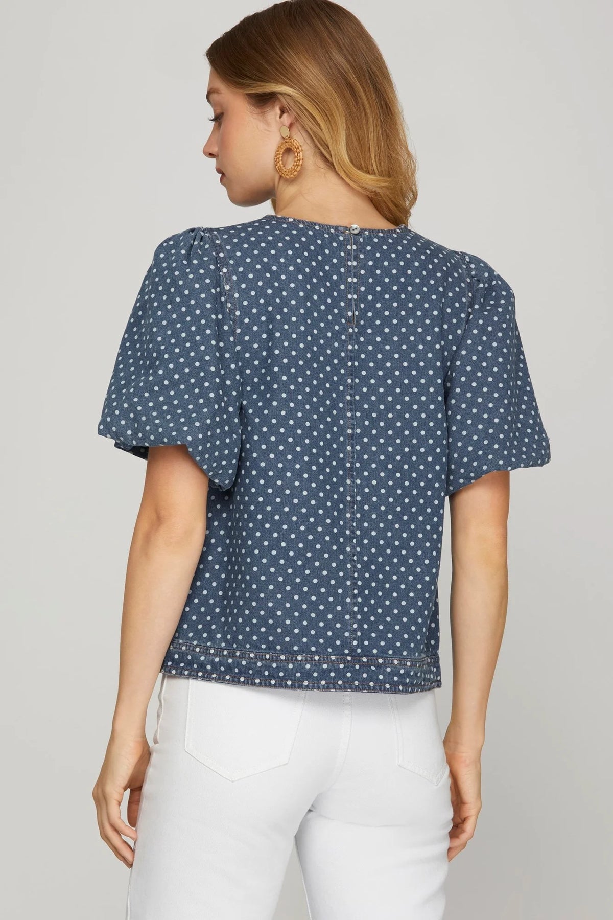Puff Sleeve Washed Polka Dot Denim Top