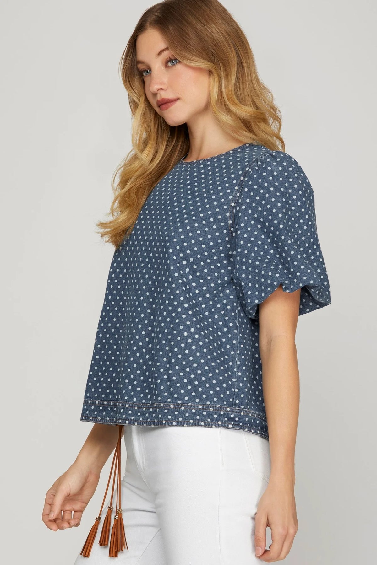 Puff Sleeve Washed Polka Dot Denim Top