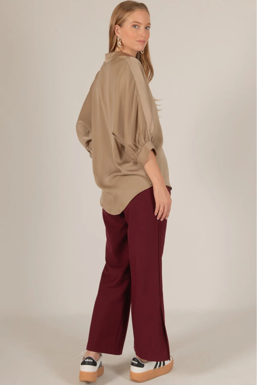 The Willow Satin Billowy Sleeve Button Up Shirt Blouse