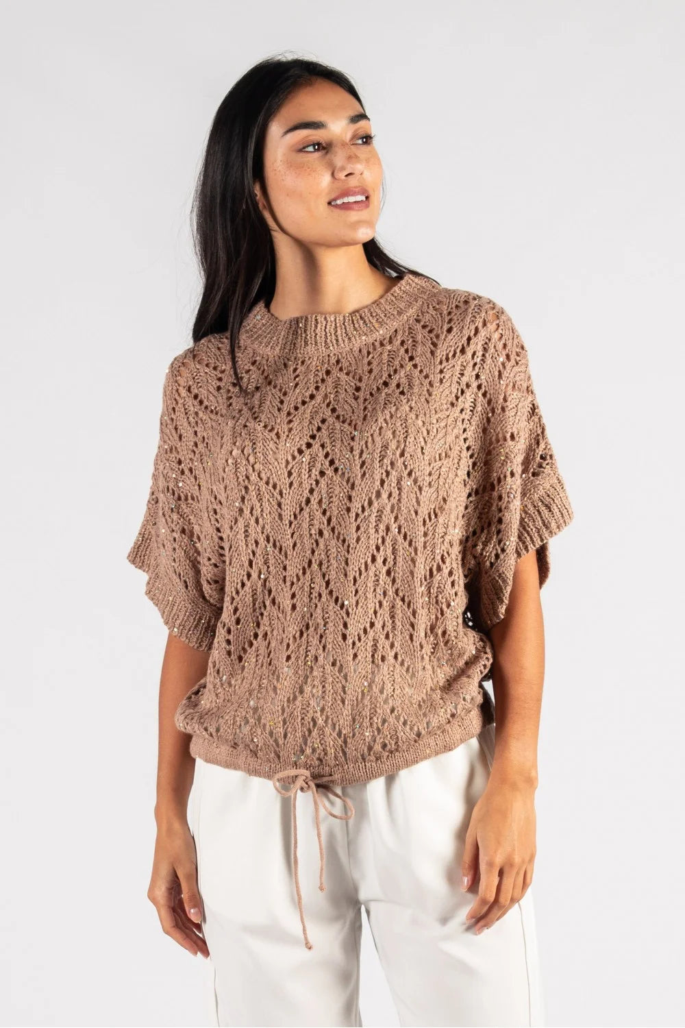 Glitter Knit Short Sleeve Sweater - Mocha