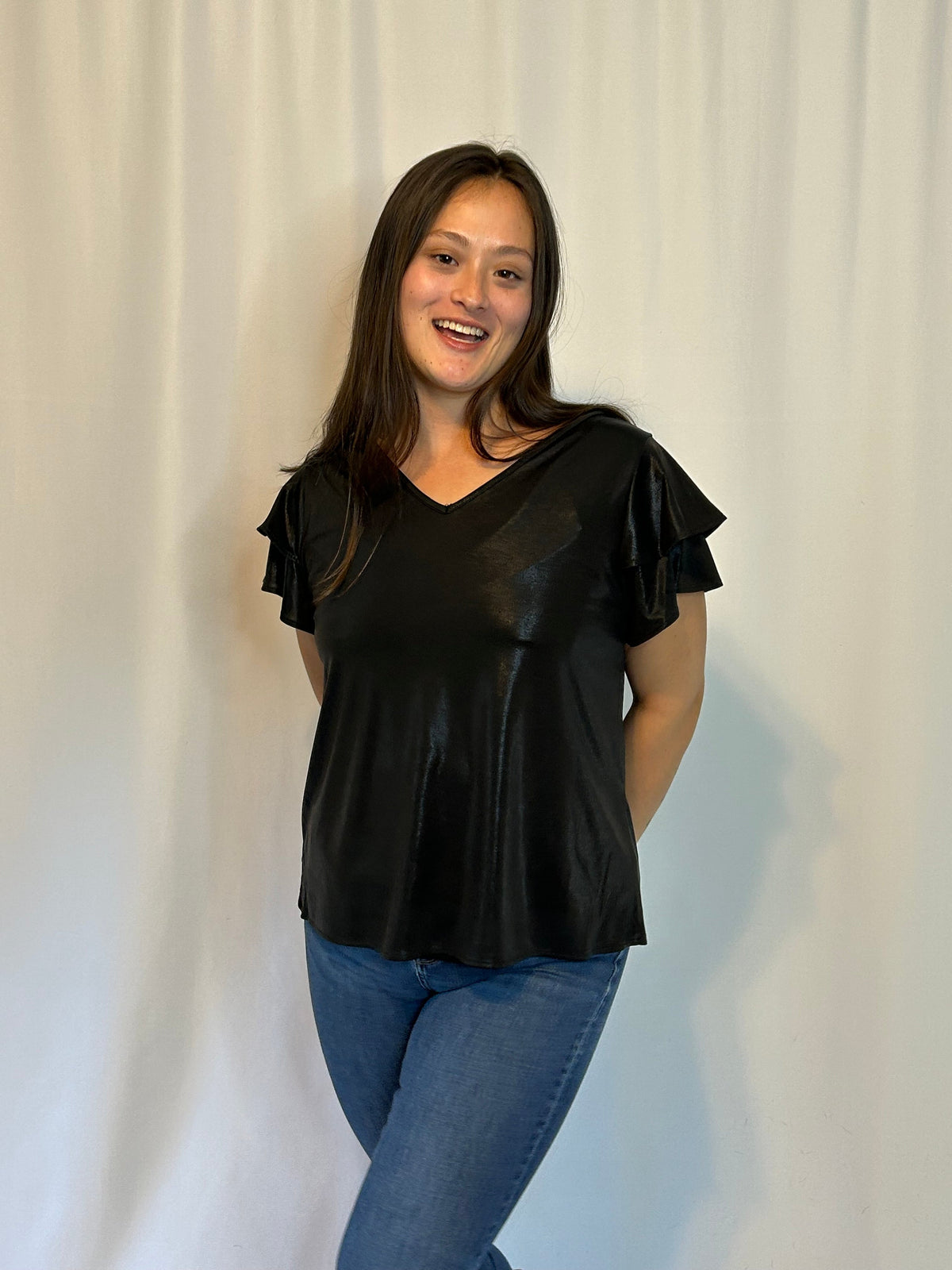 The Shimmery Black Ruffle Sleeve Top
