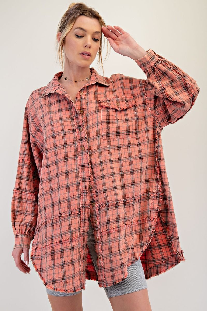 Coral Cream Loose Fit Plaid Shirt