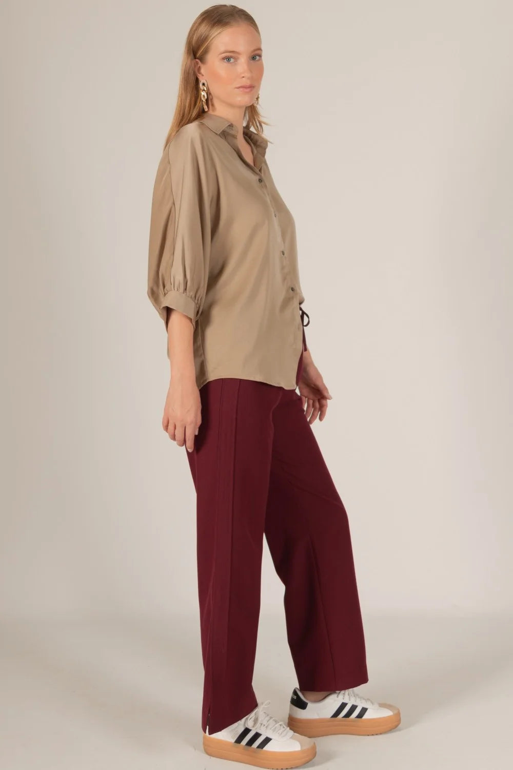 The Willow Satin Billowy Sleeve Button Up Shirt Blouse