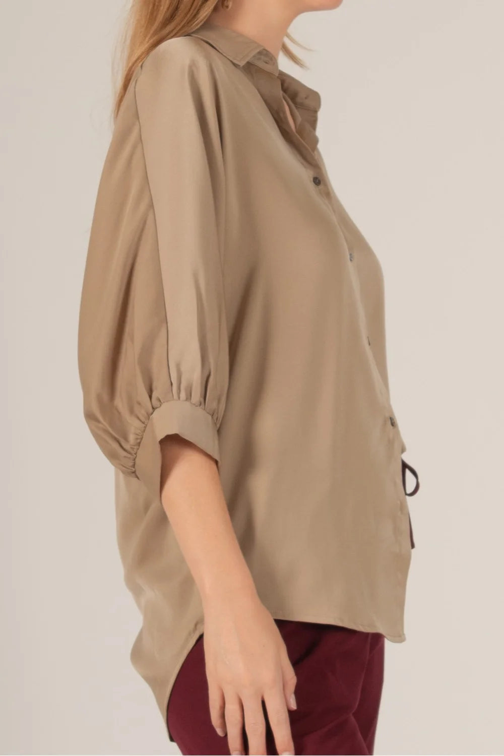 The Willow Satin Billowy Sleeve Button Up Shirt Blouse