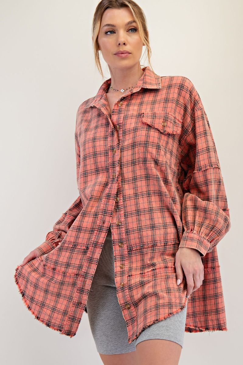 Coral Cream Loose Fit Plaid Shirt