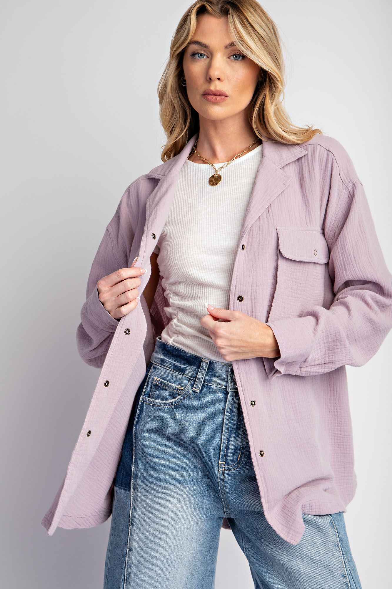 Lovely Lady Cotton Gauze Button Down Shirt - Plus Size