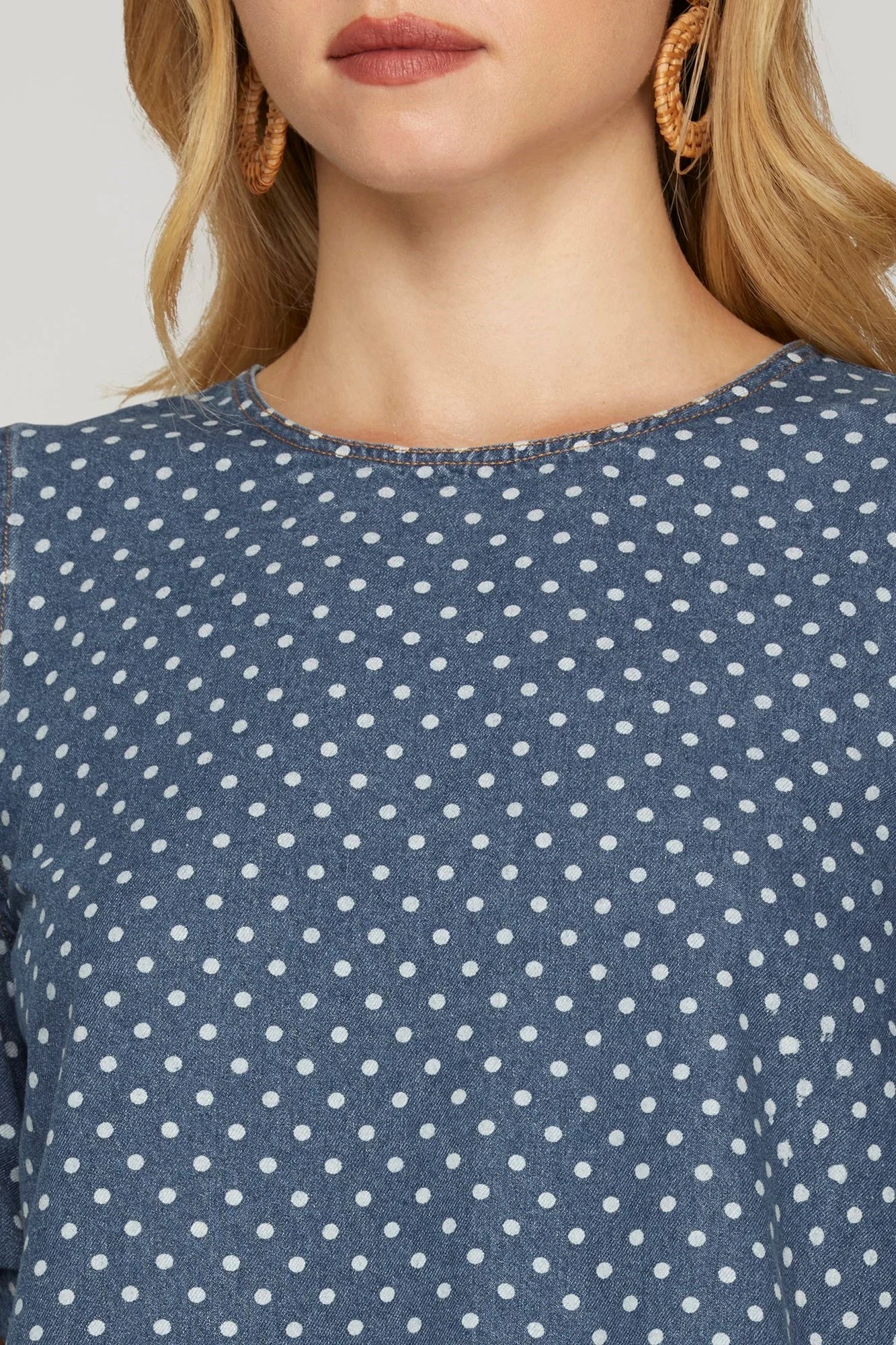 Puff Sleeve Washed Polka Dot Denim Top