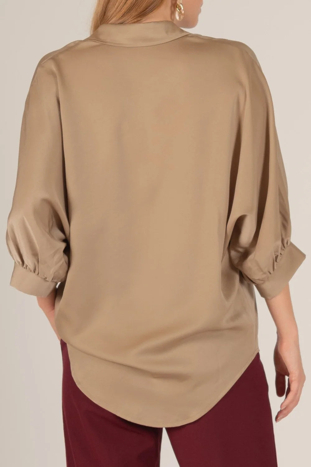 The Willow Satin Billowy Sleeve Button Up Shirt Blouse