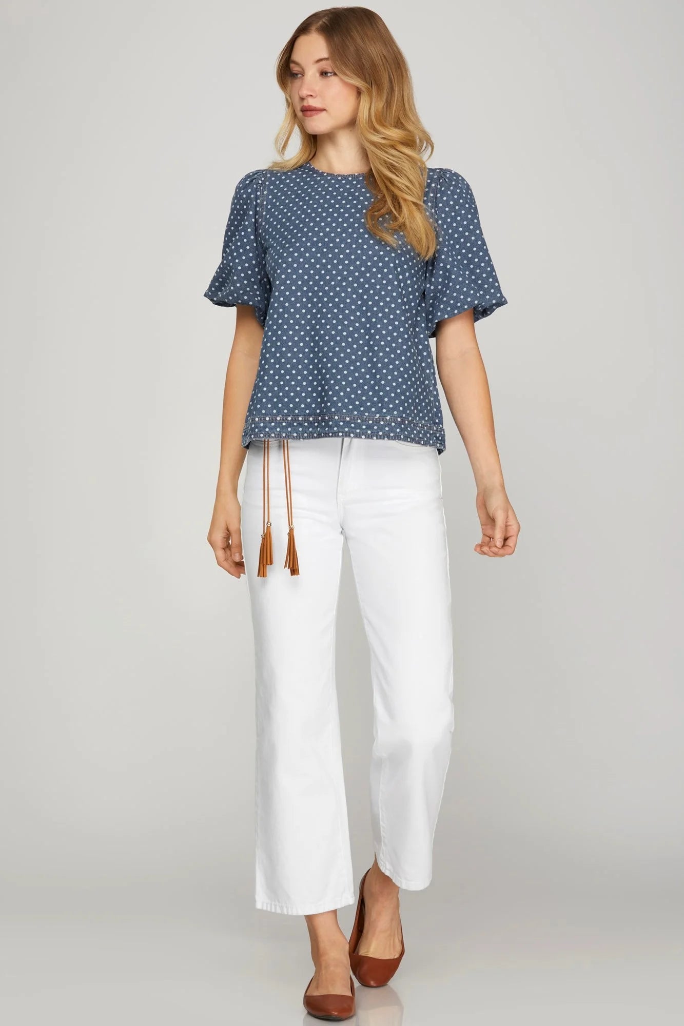 Puff Sleeve Washed Polka Dot Denim Top