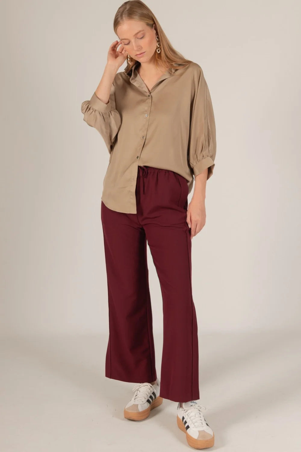 The Willow Satin Billowy Sleeve Button Up Shirt Blouse