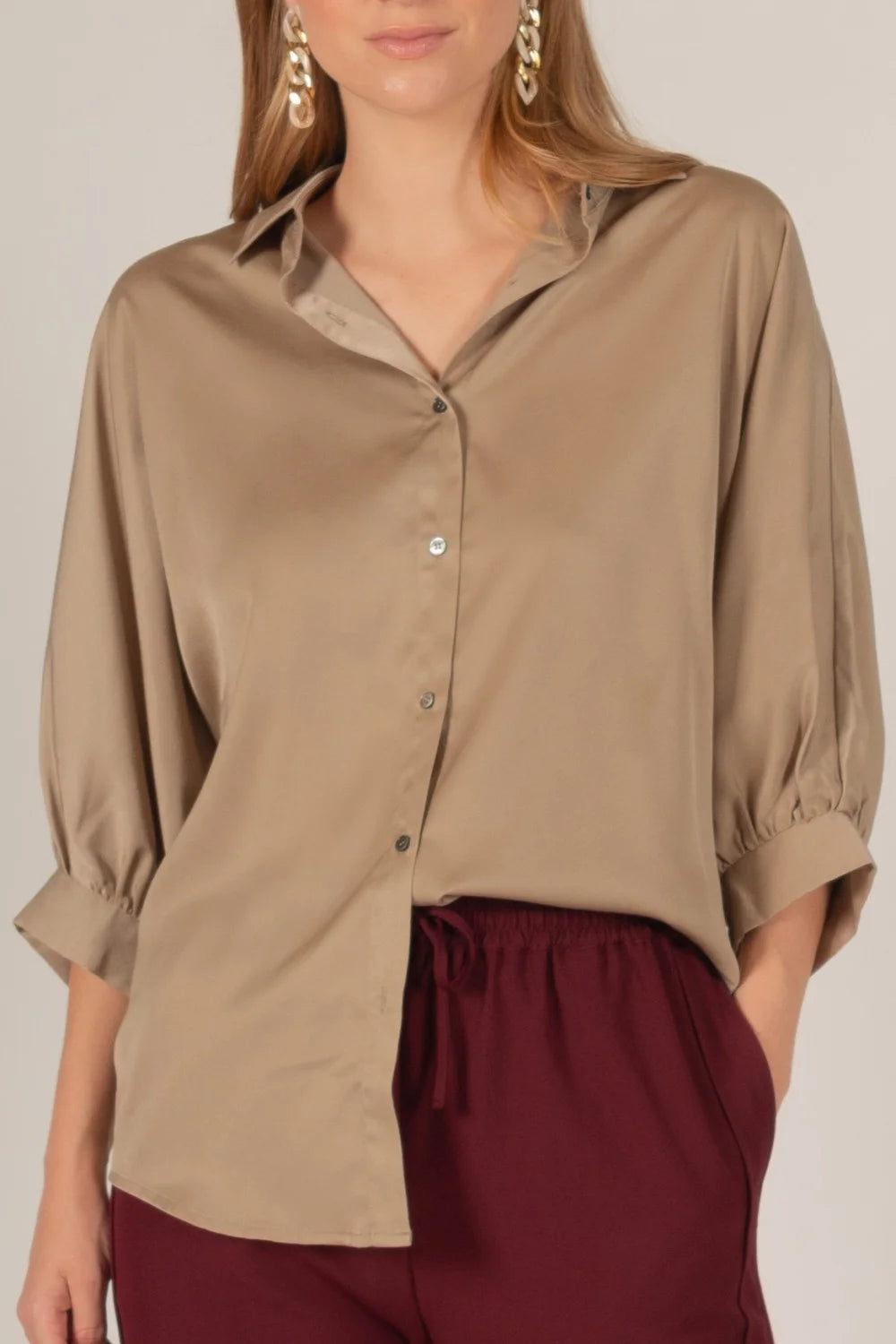 The Willow Satin Billowy Sleeve Button Up Shirt Blouse