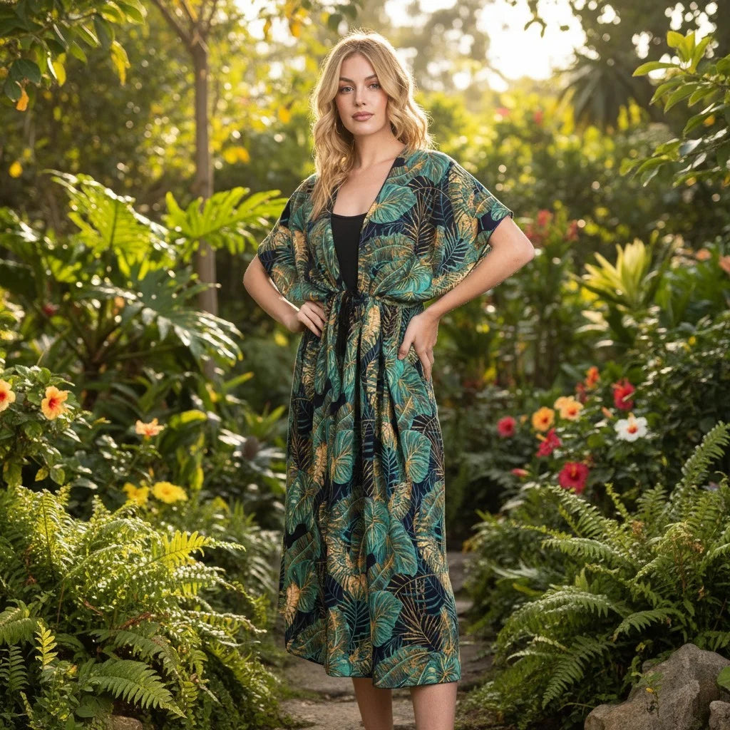 The Eloise Drawstring Tropical Leaves Kimono - Assorted Colors