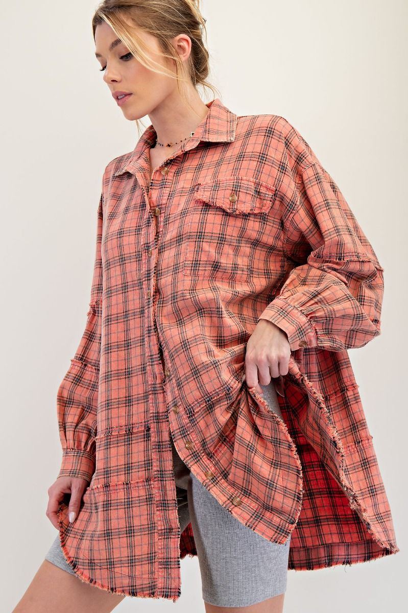 Coral Cream Loose Fit Plaid Shirt