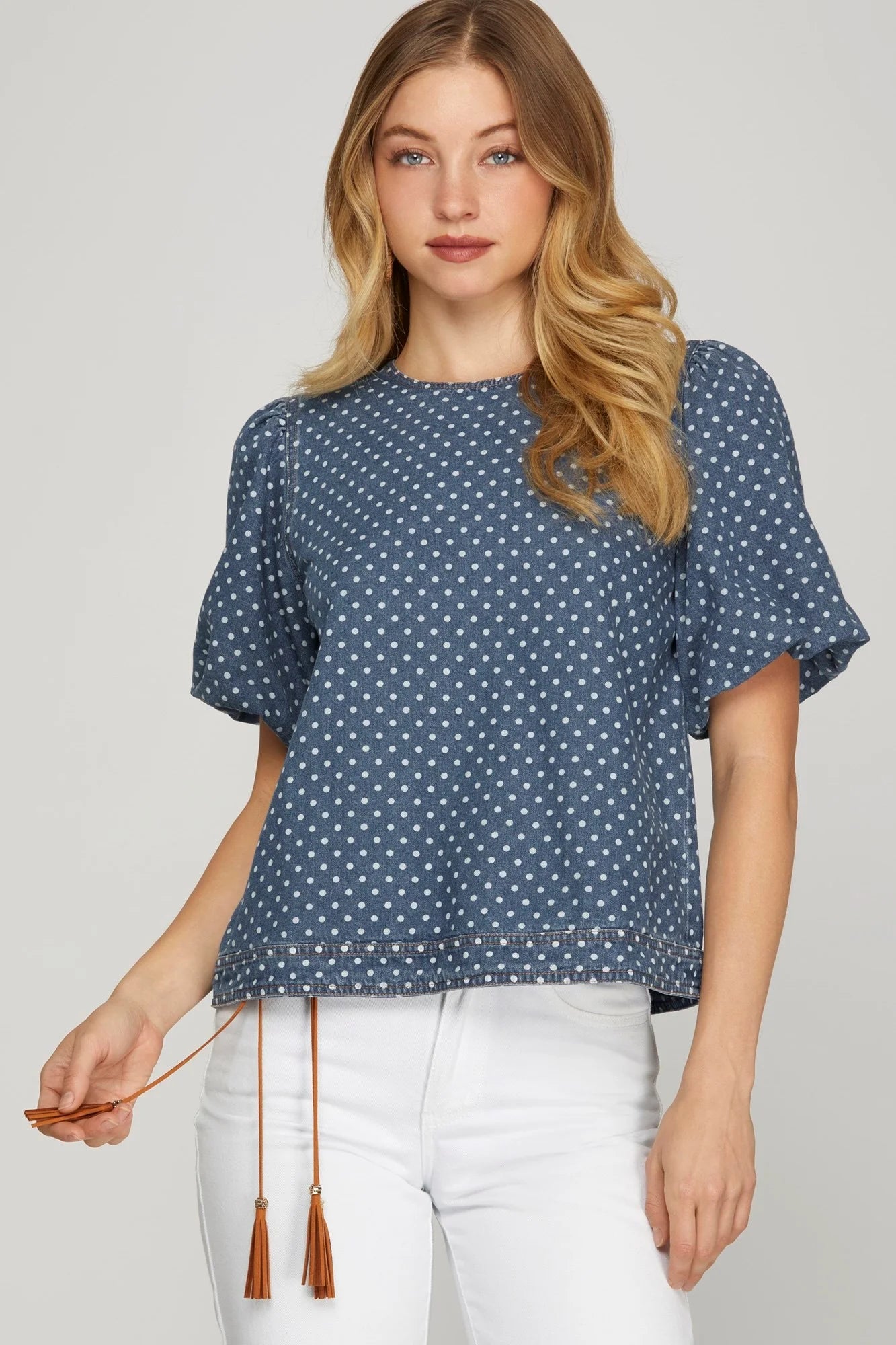 Puff Sleeve Washed Polka Dot Denim Top