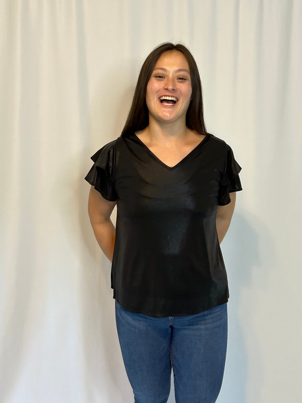 The Shimmery Black Ruffle Sleeve Top
