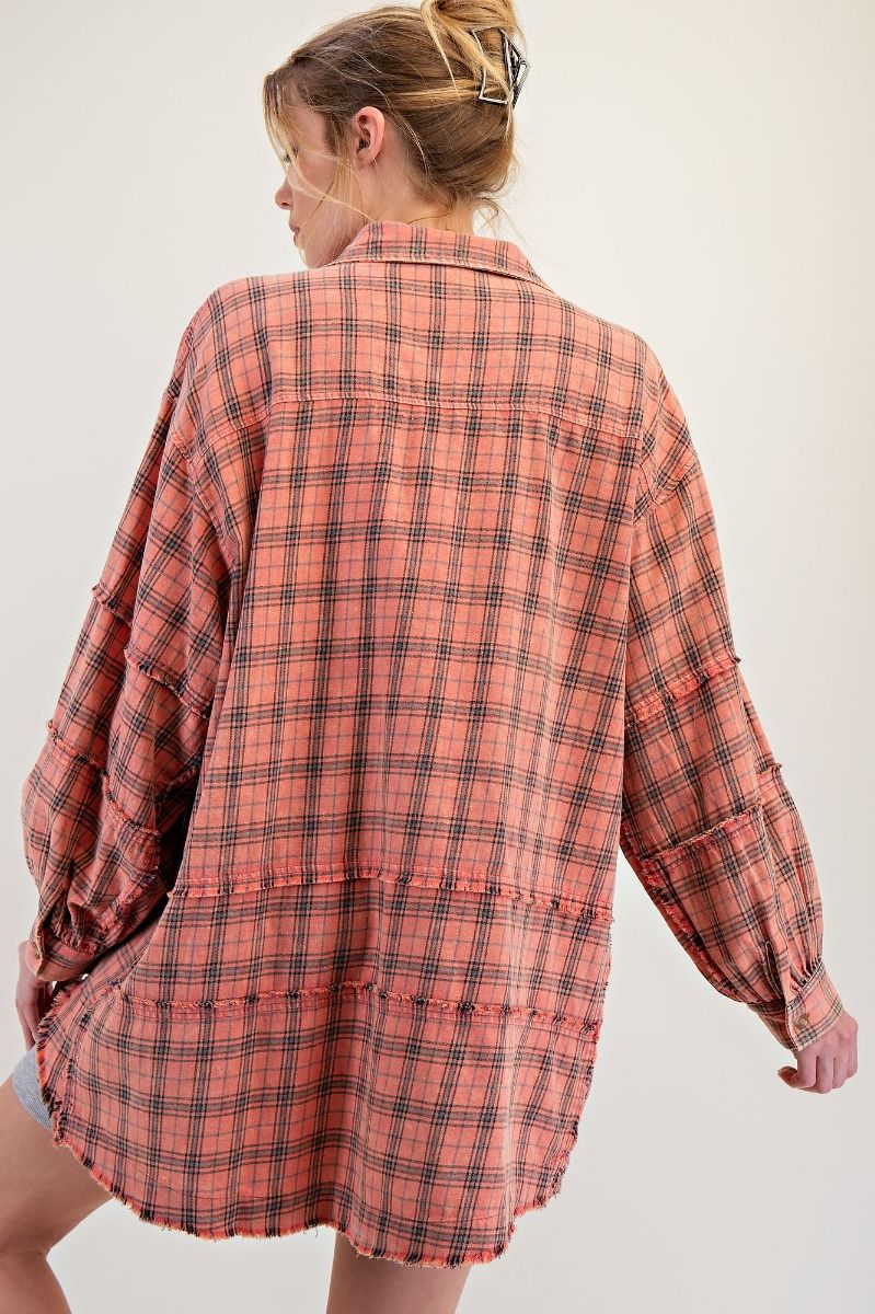 Coral Cream Loose Fit Plaid Shirt