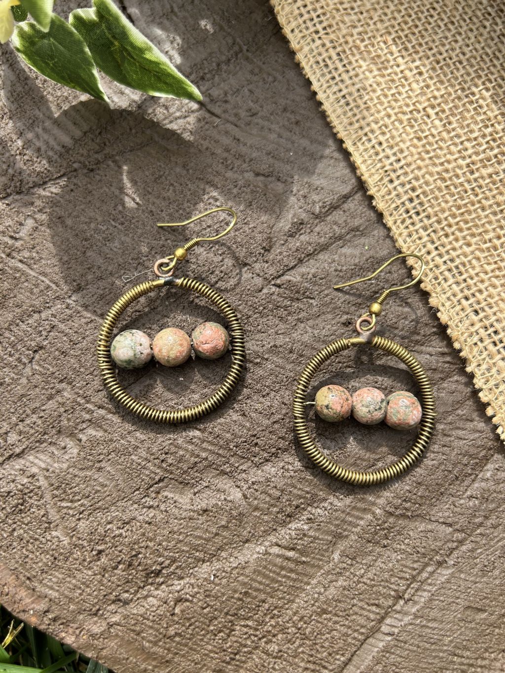 Antique Brass Unakite Earrings