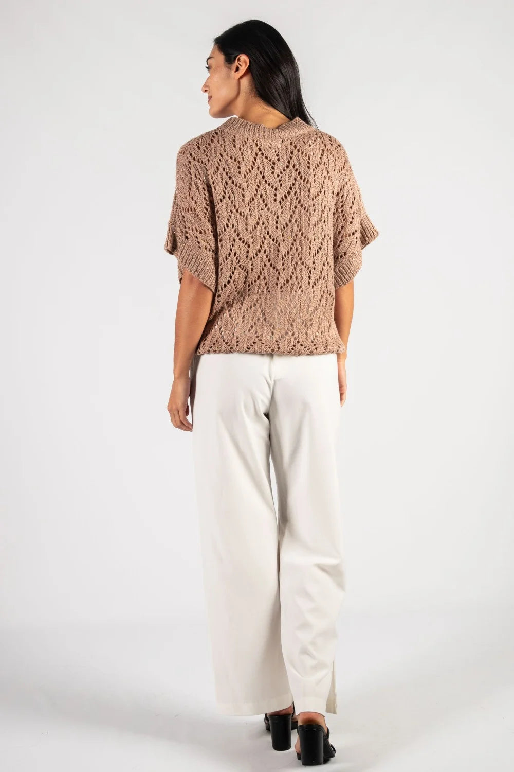 Glitter Knit Short Sleeve Sweater - Mocha