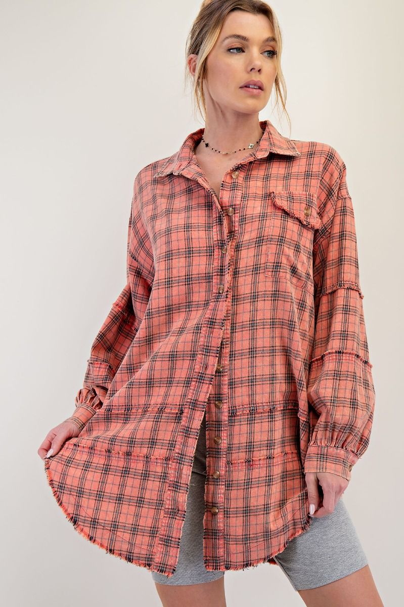 Coral Cream Loose Fit Plaid Shirt