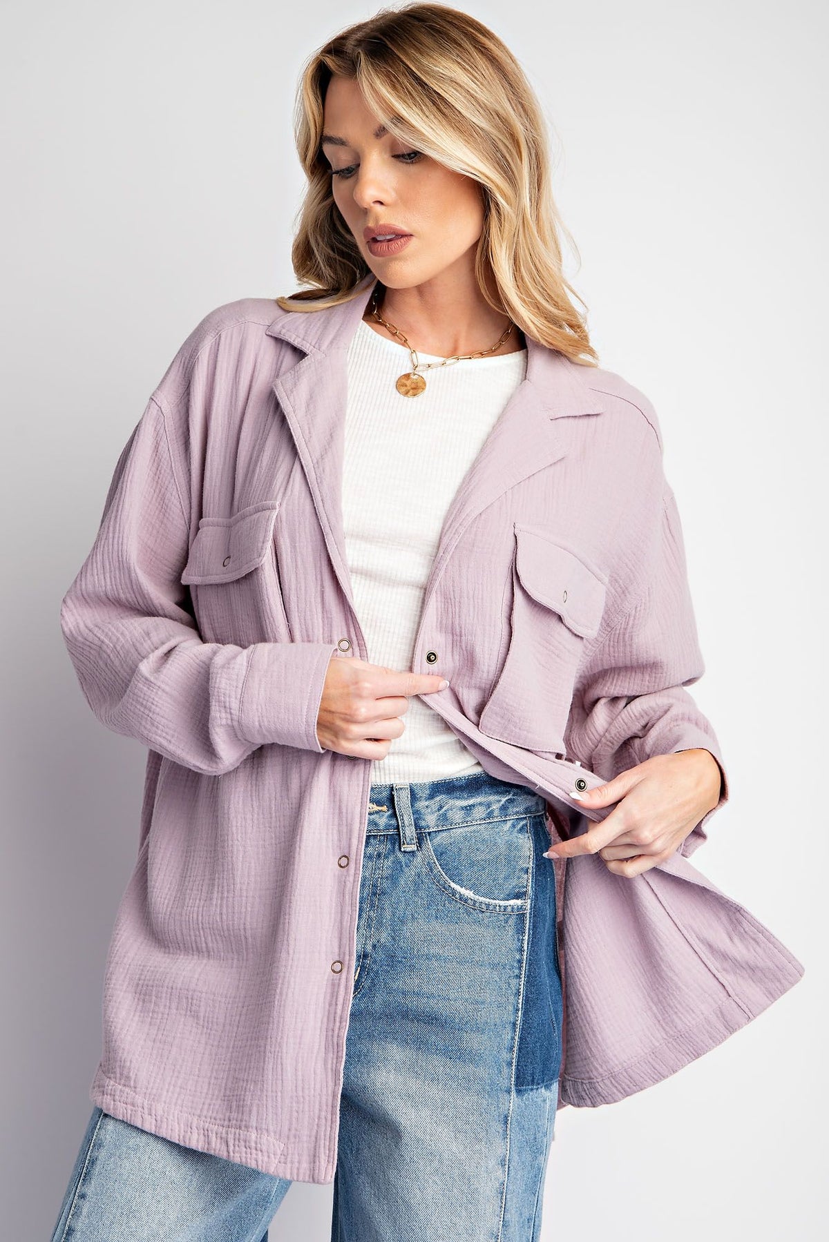 Lovely Lady Cotton Gauze Button Down Shirt - Plus Size