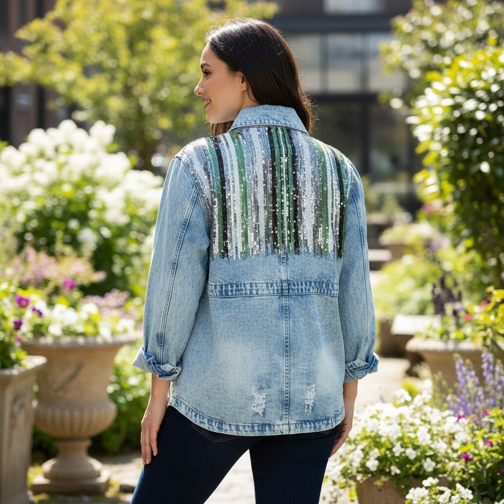 Distressed Light Wash Denim & Sequin Jacket