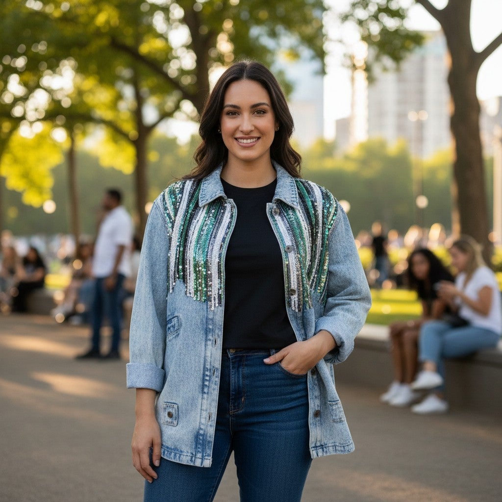 Distressed Light Wash Denim & Sequin Jacket