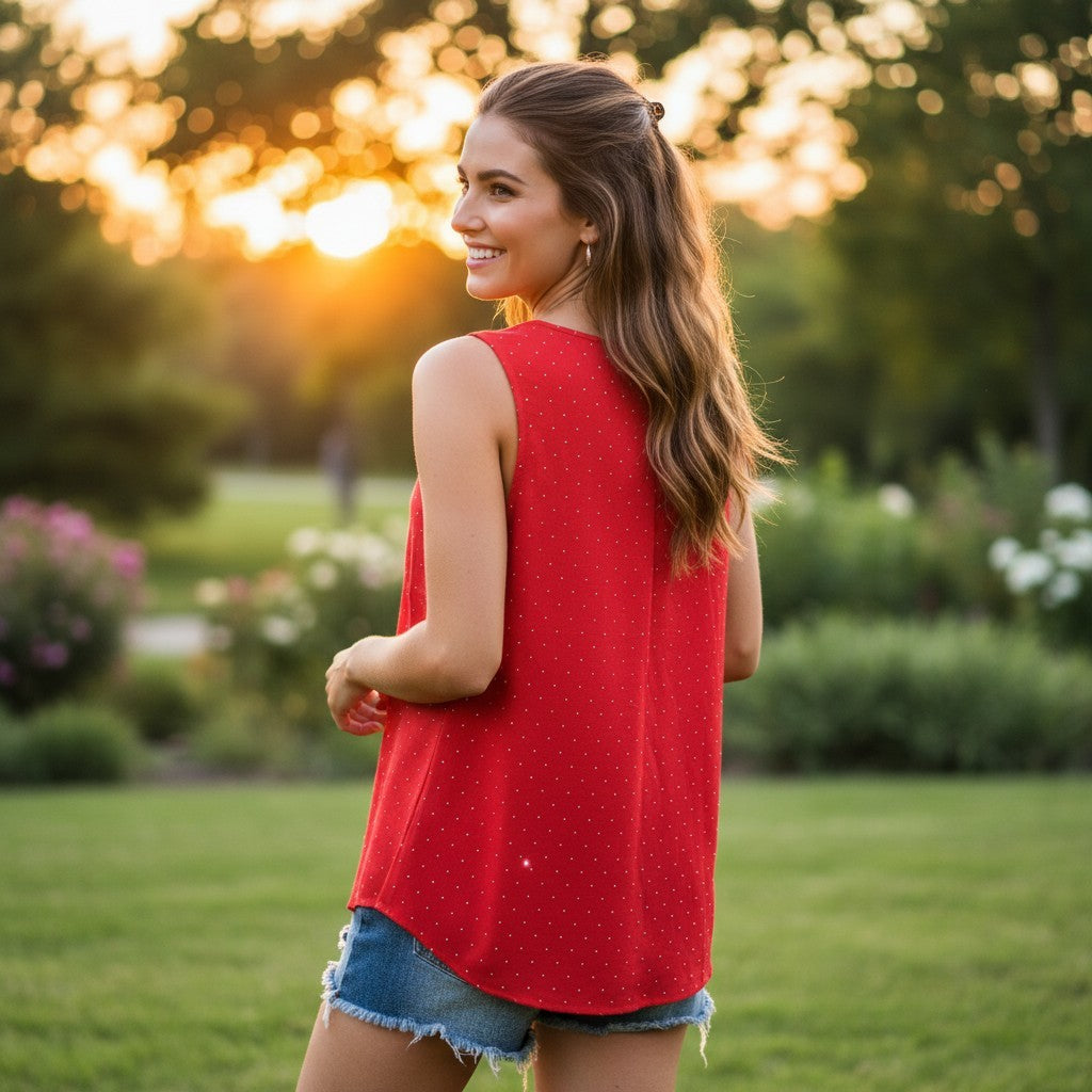 Lipstick Red Tank with Rhinestones