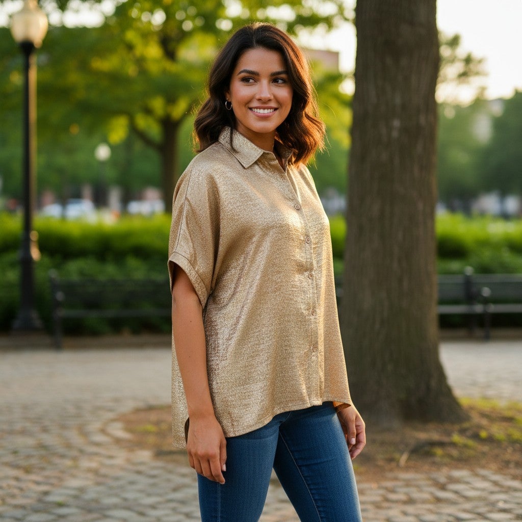 The Sonya Metallic Button Down Top
